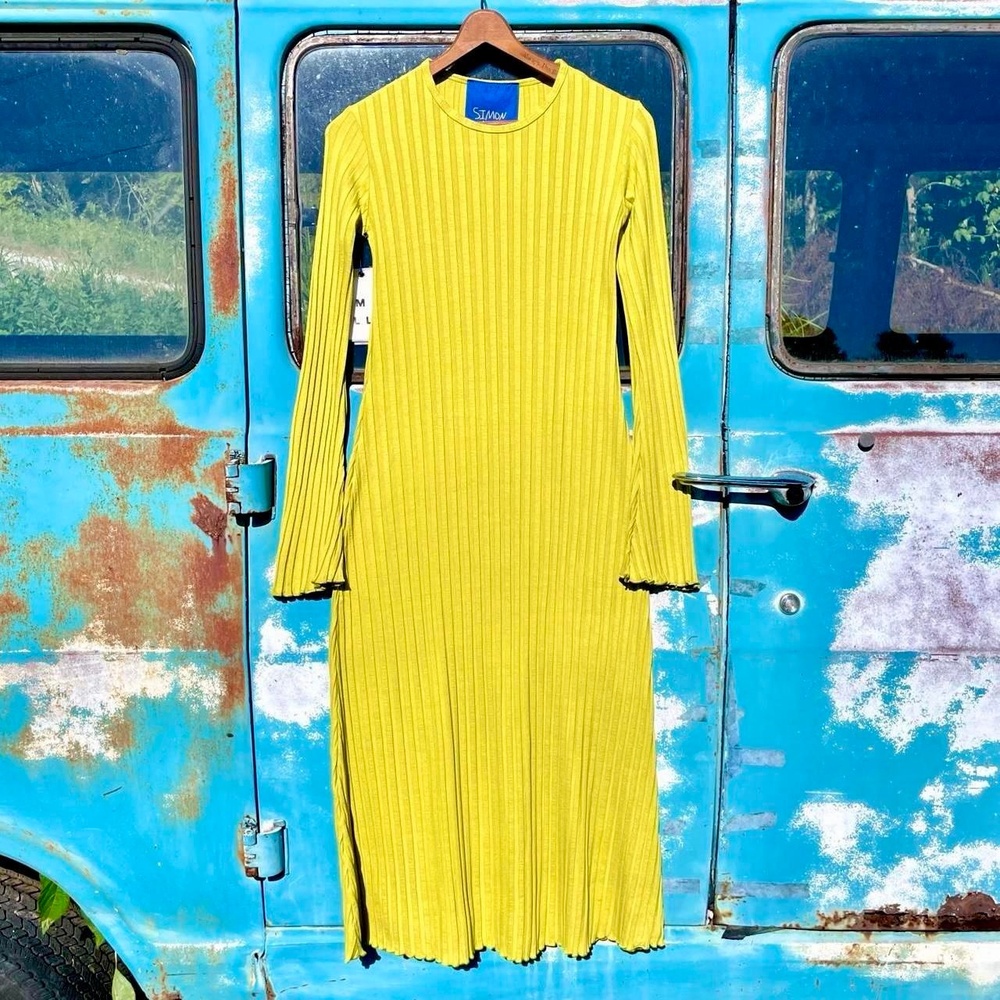 Simon Miller stretchy chartreuse ribbed knit sweater dress long sleeve crewneck